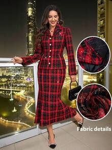 Amorya Women's Elegant Red And Black Plaid Blazer Top & Fish Tail Skirt 2 Pieces Set,Autumn Office Tweed Suit For Christmas,New Year & Valentine's Day Outfit - Multicolor - View 6