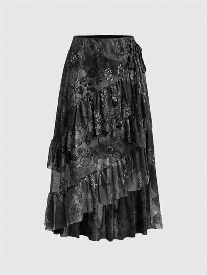 Hippie Boho Ruffled Floral Print Layered Skirt For Women