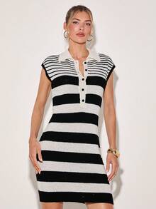 COSMINA Women's Black And White Striped Sleeveless Knit Dress,Summer Effortless Chic Collared Shirt Design,Brunch Back-To-School Elegant Casual Daily Wear - Multicolor - View 5