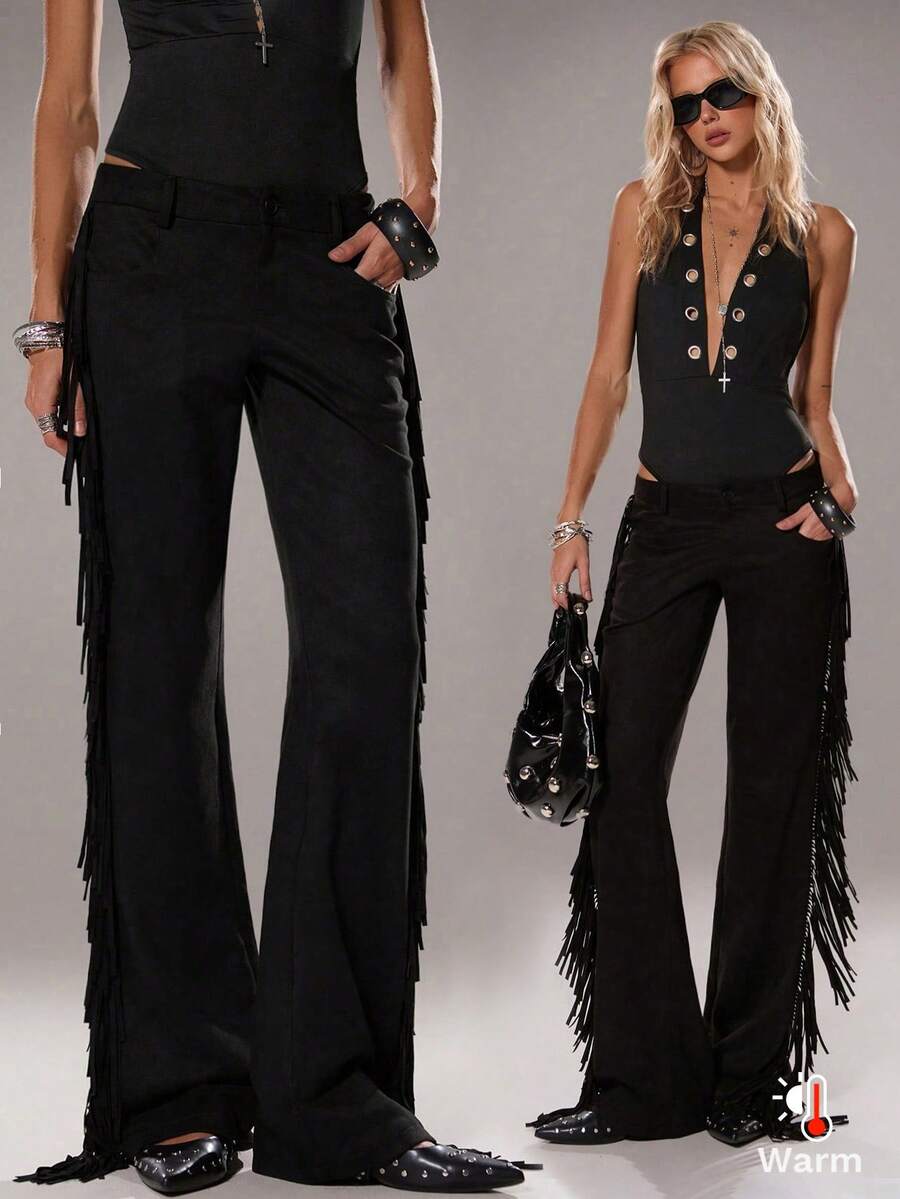 SHEIN TRNDY Women's Casual Flared Leg Faux Suede Fringe Side Pants, Autumn/Winter - Black - View 1