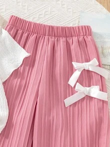 Elladie kids 两件套，包括带有3D蝴蝶结装饰的纹理面料T恤和休闲裤，非常适合居家或户外休闲穿着。女童裤装套装，年轻女孩服装套装，短袖套装，喇叭裤套装，可爱套装，年轻女孩休闲夏季两件套，两件套，年轻女孩可爱复古风格两件套，年轻女孩百褶裤套装，两件套，百褶裙套装。 - 粉色 - 查看 5
