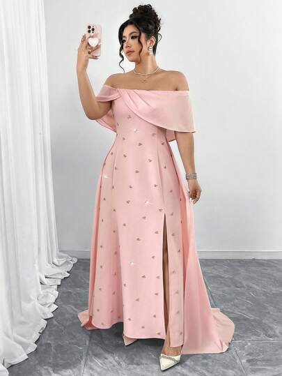 Elenzga 优雅露肩雪纺拼接水钻连衣裙，配披肩袖，适合情人节、郊游、聚会、派对和正式场合。