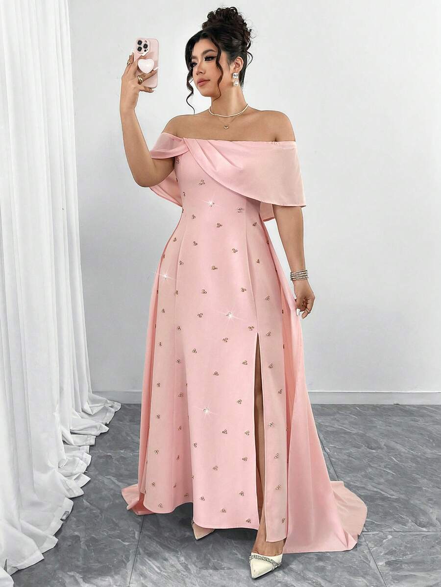 Elenzga 优雅露肩雪纺拼接水钻连衣裙，配披肩袖，适合情人节、郊游、聚会、派对和正式场合。 - 粉色 - 查看 1