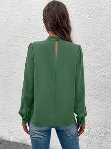 EMERY ROSE Solid Color Regular Shoulder Long Sleeve Loose Stand Collar Elegant Fashion Versatile Blouse - Green - View 2