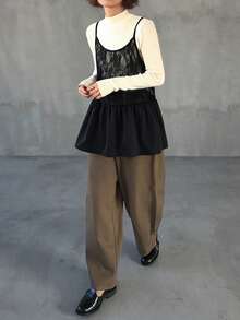 FRIFUL Women's Spaghetti Strap Lace Sleeveless Ruffle Hem Sheer Dress