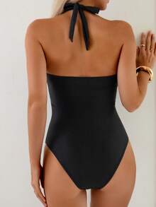 Swim Basics 1pc Women's Halter Deep V-Neck Gold Starfish Monokini Swimsuit - Black - View 2