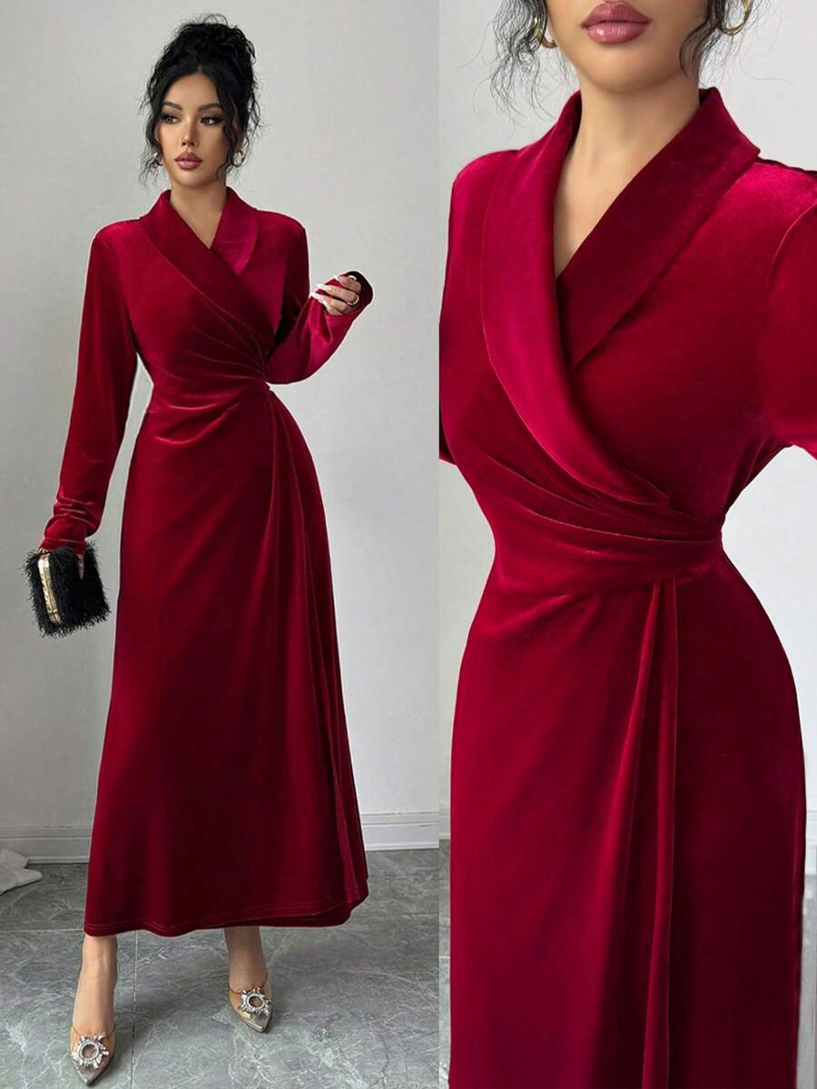 SHEIN Clasi 女士纯色高领长袖腰部褶皱系带露背优雅丝绒连衣裙 - 酒紅色 - 查看 1