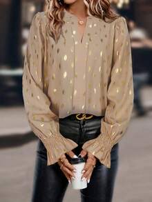 SHEIN LUNE All-Over Print Notched Collar Elegant Office Long Sleeve Shirt - Apricot - View 3