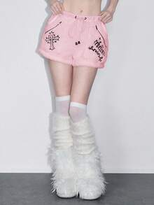ROMWE Y2K Gothic Cross Embroidered Fuzzy Women Shorts, Halloween - Pink - View 6