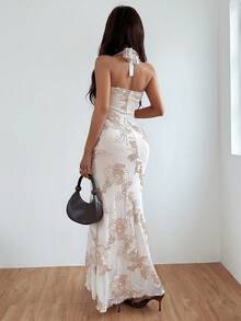 SHEIN Unity Váy đuôi cá dài ôm sát màu đỏ tía dành cho nữ, thêu sang trọng thanh lịch cho đám cưới, tiệc tùng, tiệc tối, bãi biển, hộp đêm, hẹn hò, mùa thu, ngày lễ tình nhân, giáng sinh - Màu be - Xem 2