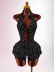 Amplova Women's Polka Dot Jumpsuit, Sexy, Pure, Cute, Suitable For Daily, Date, Valentine's Day Outfits - Black and White - View 3