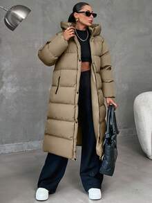 SHEIN Cottnline Zip Up Hooded Long Plus Size Winter Coat - Mocha Brown - View 5