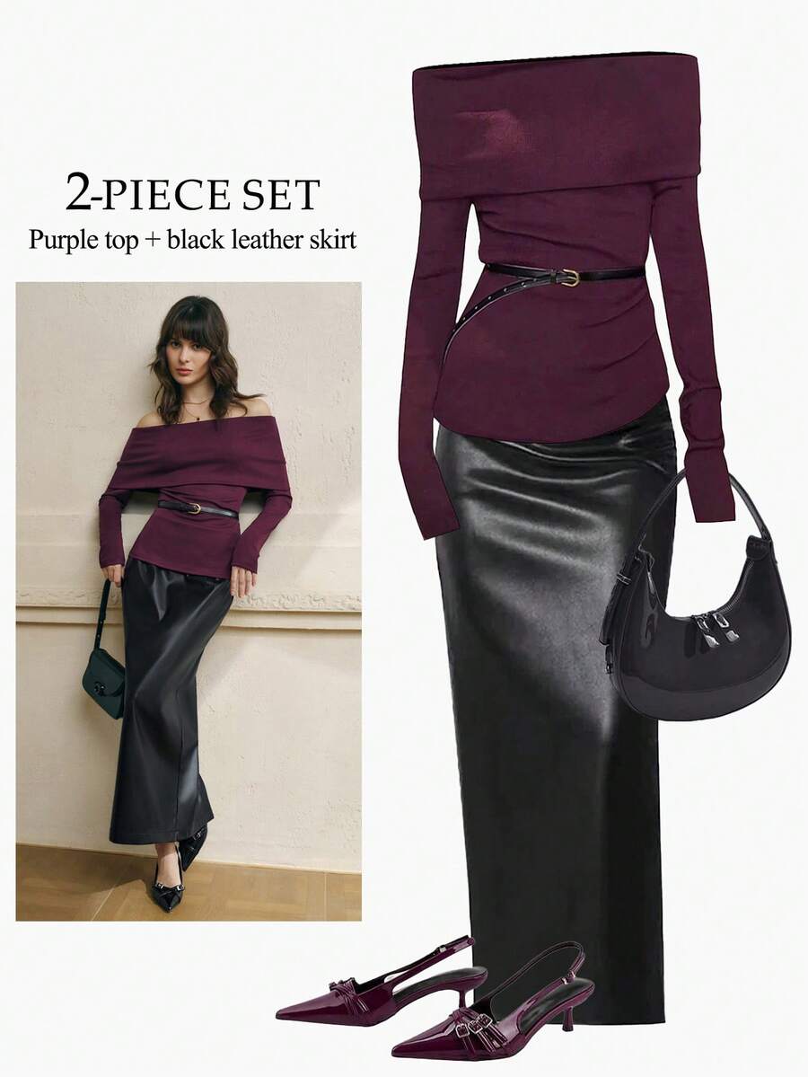 Cévolie 2pcs/Set Purple Off Shoulder Long Sleeve Top + Black Bodycon Mini Skirt