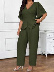 SHEIN Frenchy Plus Size Summer Simple Solid Color Textured Button Decor Top And Pants Set,Business Casual Woman,Holiday Outfits For Women In Fall/Winter - Army Green - View 2