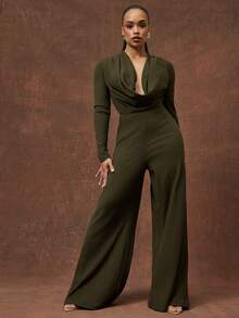 Vixey Damen Jumpsuit mit tiefem Ausschnitt, langem Arm, locker und sexy, modisch - Olivgrün - Übersicht 2