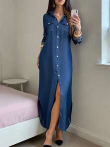 Vestido de camisa con botones en la parte delantera - Azul - Ver 5