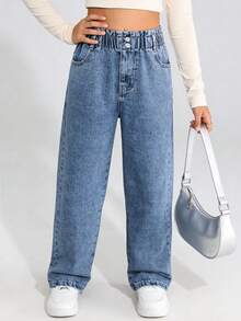 SHEIN ChillGRL Tween Girl Casual Versatile Style Denim Jeans, Comfortable Cotton Fabric, Suitable For Daily Wear, School, Commute, Spring/Summer/Autumn/Winter - Medium Wash - View 8