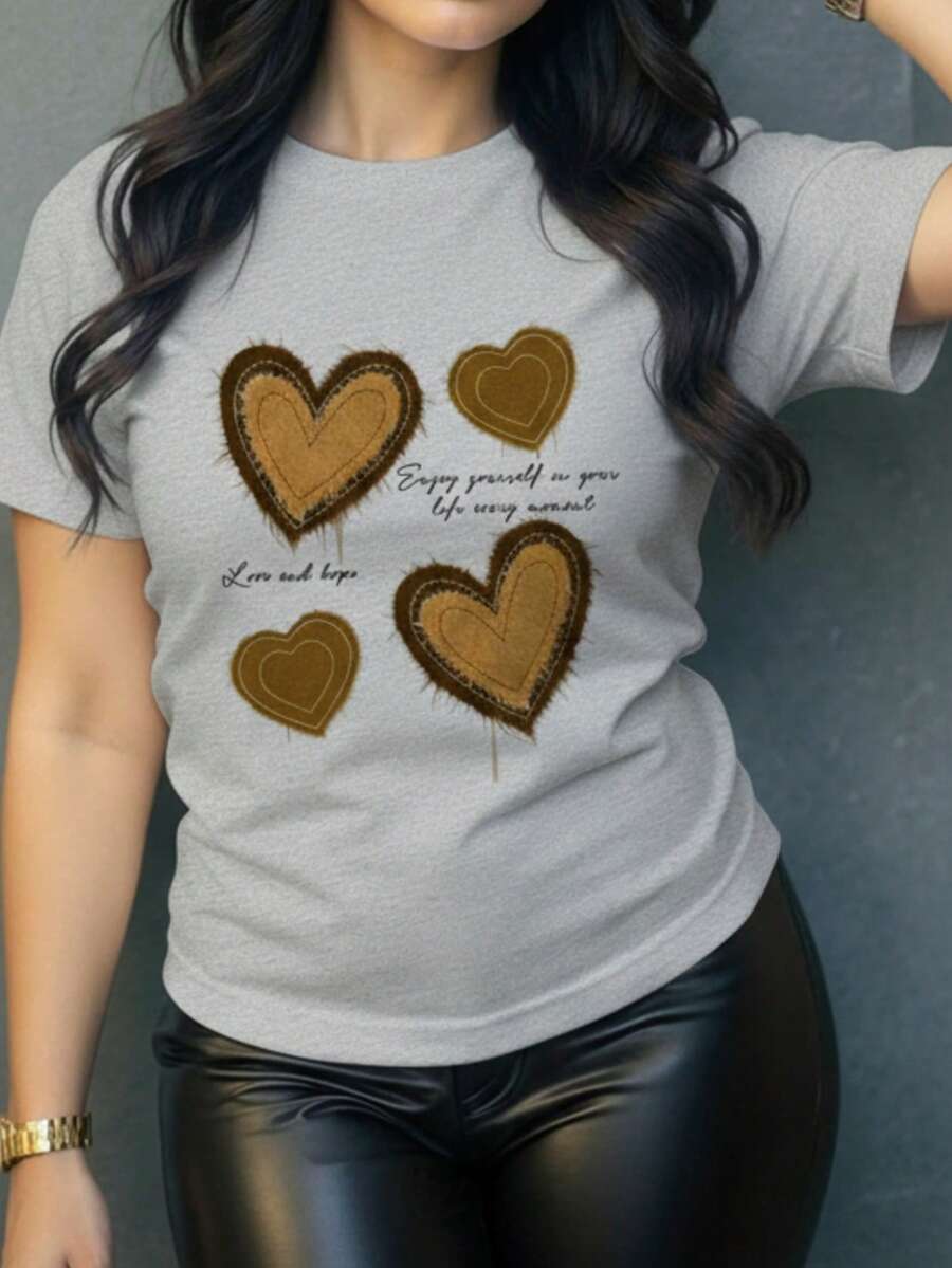"Camiseta de manga corta con cuello redondo, adornada con estampado, para ropa de Año Nuevo, camisetas gráficas para mujeres - Gris Claro - Ver 1