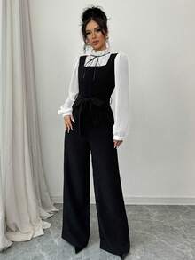 SHEIN PETITE 女士时尚高腰直筒连体裤，撞色拼接，两件套 - 黑與白 - 查看 6