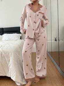 Dream Adore Ensemble pyjama femme à manches longues et pantalon avec col contrasté, motif à bulles, froissé, cœur et rayures - Multicolore - Voir 3