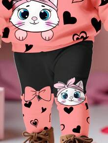 SHEIN Happikins 2pcs Baby Girl Casual Cute Cat Heart Print, Bow Decor Loose Fit Letter Graphic Pullover Hoodie And Pants Set, Sweet & Minimalist Fall Winter - Multicolor - View 4