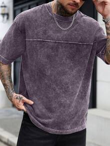 Manfinity CasualCool 男士纯色圆领宽松休闲百搭短袖T恤，酸洗做旧T恤，街头风T恤，适合日常休闲、周末旅行、户外活动、探险旅行、轻松的工作环境或半正式场合，也是送给男友/老公、周年纪念/生日、派对、暑假、新年、婚礼、情人节等场合的理想之选。这款男士酸洗做旧T恤采用宽松版型，尽显时尚品味。 - 紫色 - 查看 4