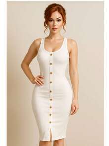 Vestido Sexy Dama Premium Vestido Entallado Vestido Botones Frontales Abertura Elegante Vestido Tirantes Vestido Ajustable Vestido Con Botones - blanco - Ver 4