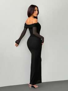 SHEIN PETITE Đầm trễ vai phối lưới xoắn nhún, dáng ôm, tay dài, trang phục hẹn hò lãng mạn, phù hợp với người nhỏ nhắn. - màu đen - Xem 2