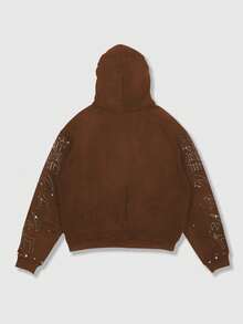 ROMWE MEN Anime Sudadera casual y de moda para hombre con estampado japonés de personaje de terror, con cremallera, cordón, forro térmico, cálida para otoño/invierno