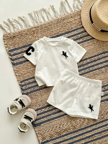 Bộ áo sơ mi tay ngắn in họa tiết màu trắng dễ thương phong cách sinh viên giản dị dành cho bé trai sơ sinh và quần short cạp chun - Màu be - Xem 8