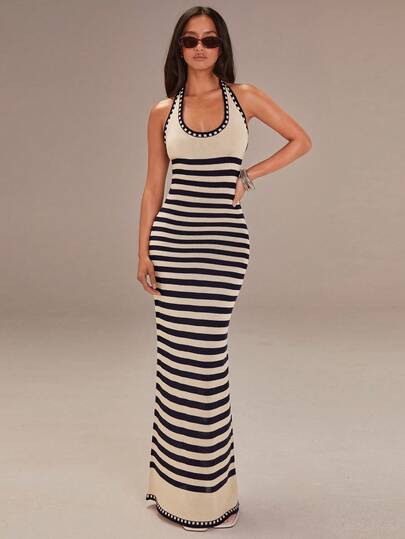 Athîral Women's Sleeveless Backless Striped Maxi Dress, Casual And Fitted Spaghetti Strap Dress, Suitable For The Beach Or Vacation, Navy Blue Striped Dress, Valentine's Day Outfit,Beach Dress,Elegant Dresses For Women, Tight Long Dress, Long Dress Summer, Stripe Dresses For Women, Bodycon Maxi Dress,Spring Break Outfits,Spring Dress Women,Summer Dresses