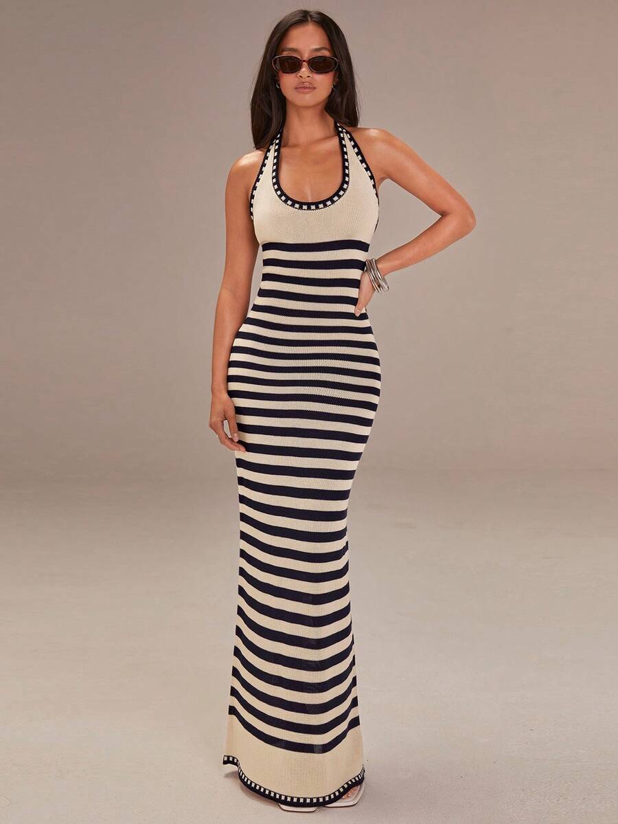 Athîral Women's Sleeveless Backless Striped Maxi Dress, Casual And Fitted Spaghetti Strap Dress, Suitable For The Beach Or Vacation, Navy Blue Striped Dress, Valentine's Day Outfit,Beach Dress,Elegant Dresses For Women, Tight Long Dress, Long Dress Summer, Stripe Dresses For Women, Bodycon Maxi Dress,Spring Break Outfits,Spring Dress Women,Summer Dresses