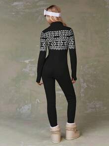 Athîral Women's Casual Geometric Pattern Zip-Up Fitted Jumpsuit, Autumn/Winter