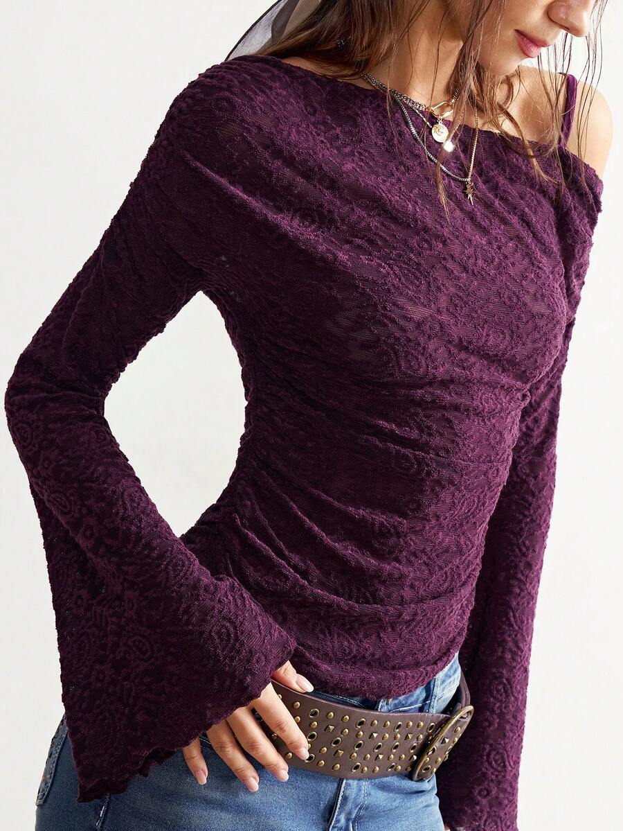 Bohemela 女士优雅不对称露肩上衣，配有可调节肩带，针织蕾丝柔软弹力长袖喇叭袖衬衫，女士休闲纯色针织蕾丝露肩长袖常规上衣，圣诞节女士红色上衣，酒红色上衣，女士优雅衬衫 - 紫色 - 查看 1