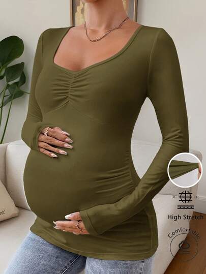 SHEIN 孕妇纯色心形领褶皱长袖休闲T恤