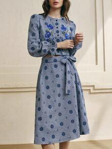 EMERY ROSE 女士花卉刺绣格子泡泡袖衬衫搭配系带腰中长裙休闲套装 - 彩色 - 查看 3