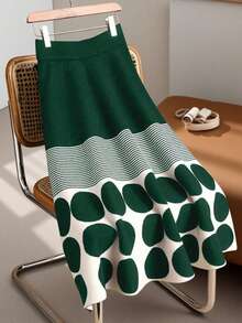 Franclia 优雅几何波点条纹长款A字针织半身裙，休闲百搭，适合通勤，秋冬季穿着 - 彩色 - 查看 8