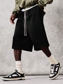 SUMWON Relaxed Fit Knee Length Drawstring Shorts With Side Pockets For Casual Summer Wear Plain - Black - View 1