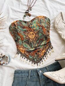 Soleia Top tubo de ganchillo estilo bohemio con estampado y cadena con cuentas, adecuado para fiesta, Navidad, cita, discoteca, playa, crucero, té de la tarde, carnaval para mujer talla grande - Multicolor - Ver 2