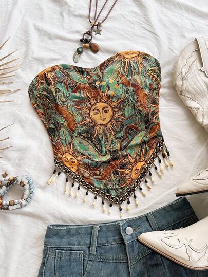 Soleia Plus Size Women Boho Crochet Tube Top With Print Pattern And Beaded Chain, Suitable For Party, Christmas, Date, Nightclub, Beach, Cruise, Afternoon Tea , Carnival.Summer Outfits,Vacation Outfits Women,Holiday Outfits For Women,Beach Outfits For Women,Carnival Outfit.