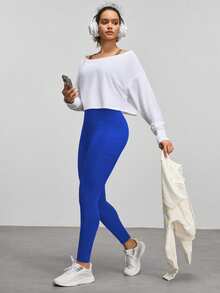 Eassivo Eassivo 女士高腰侧拼接口袋运动紧身裤 - 寶藍色 - 查看 4