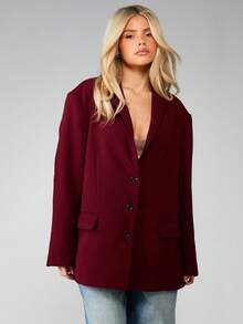 MISSGUIDED Sacou dublu de culoare vișinie, croială dreptunghiulară, supradimensionat, cu guler cu rever și detalii cu nasturi, pentru toamnă și iarnă, stil business, profesional, casual, la birou