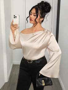 Modelyn Beige, Autumn, Elegant, Wedding Guest Plus Size Women's Asymmetric Shoulder Floral Applique Satin Flare Sleeve Blouse, Family Gathering Date Night - Apricot - View 1