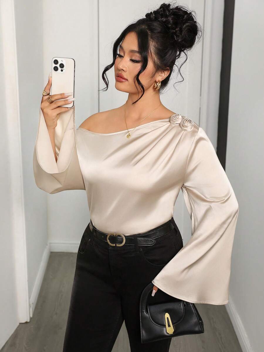 Modelyn Beige, Autumn, Elegant, Wedding Guest Plus Size Women's Asymmetric Shoulder Floral Applique Satin Flare Sleeve Blouse, Family Gathering Date Night - Apricot - View 1