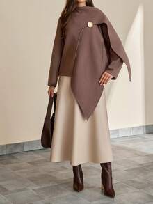 CLARA VERO Women's Dark Brown Asymmetric Draped Coat With Brooch Detail - Brown - View 2