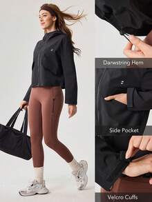 OutZeal 女士防水翻盖口袋抽绳下摆短款黑色户外夹克日常休闲款 - 黑色 - 查看 5