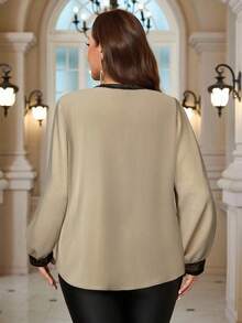 EMERY ROSE Camisa de manga larga con lentejuelas y bloques de color de talla grande - Caqui - Ver 2