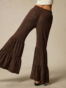 SoleilVie 女士纯色弹力腰时尚喇叭裤，波西米亚风 - 咖啡棕 - 查看 3