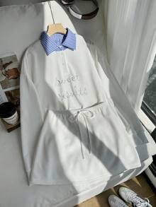 Resyla 2pcs Women Casual Striped Collar Rhinestone Embellished Top & Shorts Set - White - View 5