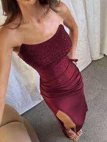 Aloruh 女士优雅水钻装饰修身开衩派对礼服，女士长款生日礼服 - 酒紅色 - 查看 8